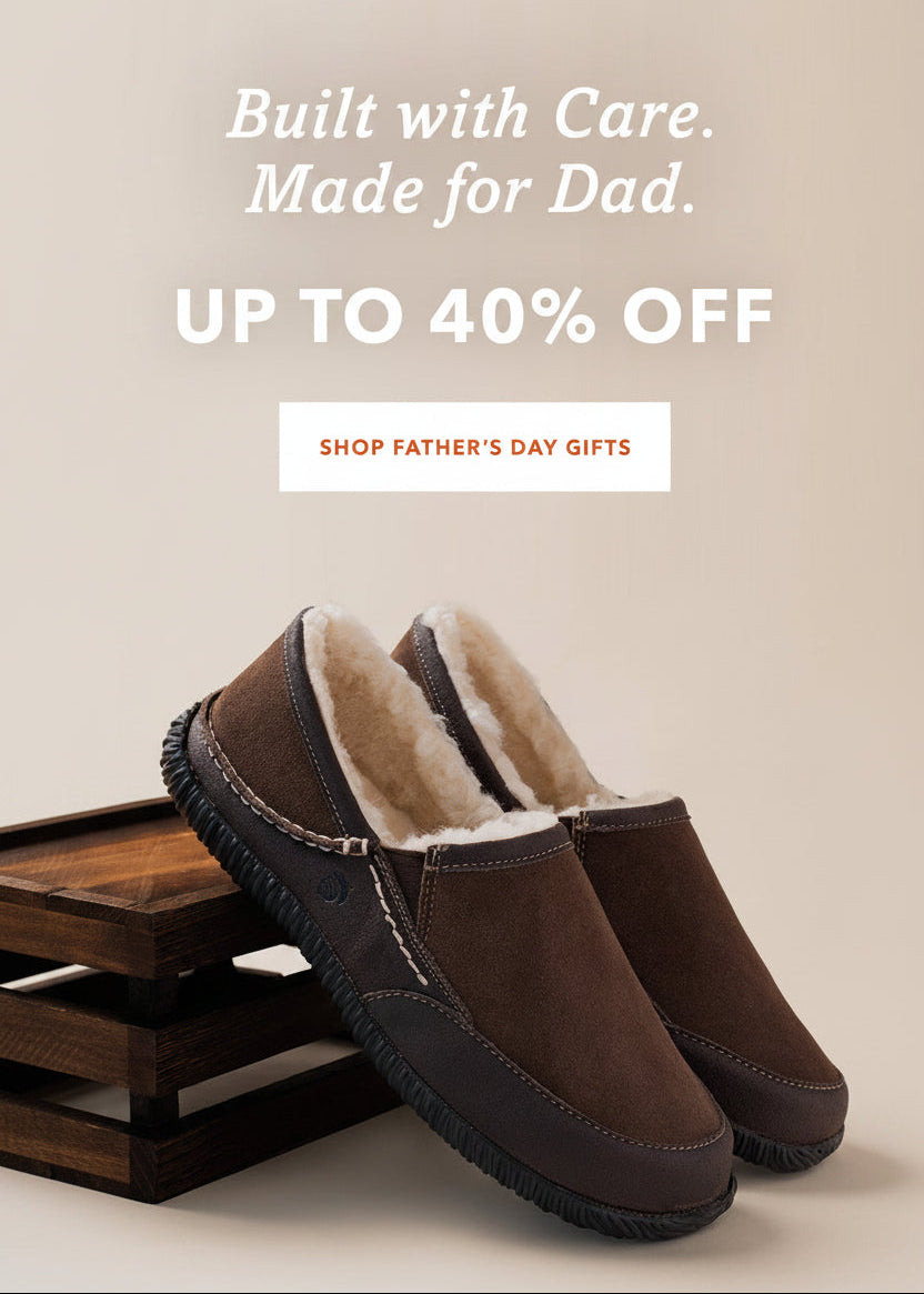 Brown slippers with shearling lining on a beige background, promotional text for Father's Day gifts.