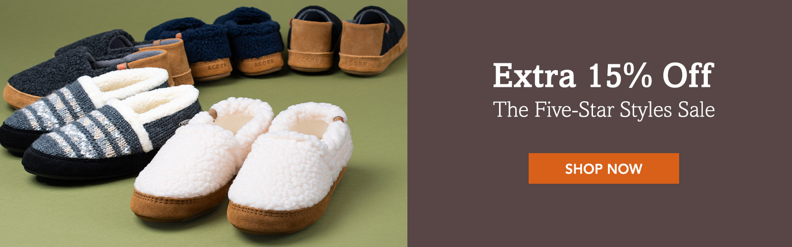 Pair of slippers with promotional text for an extra 15% off sale on a green background