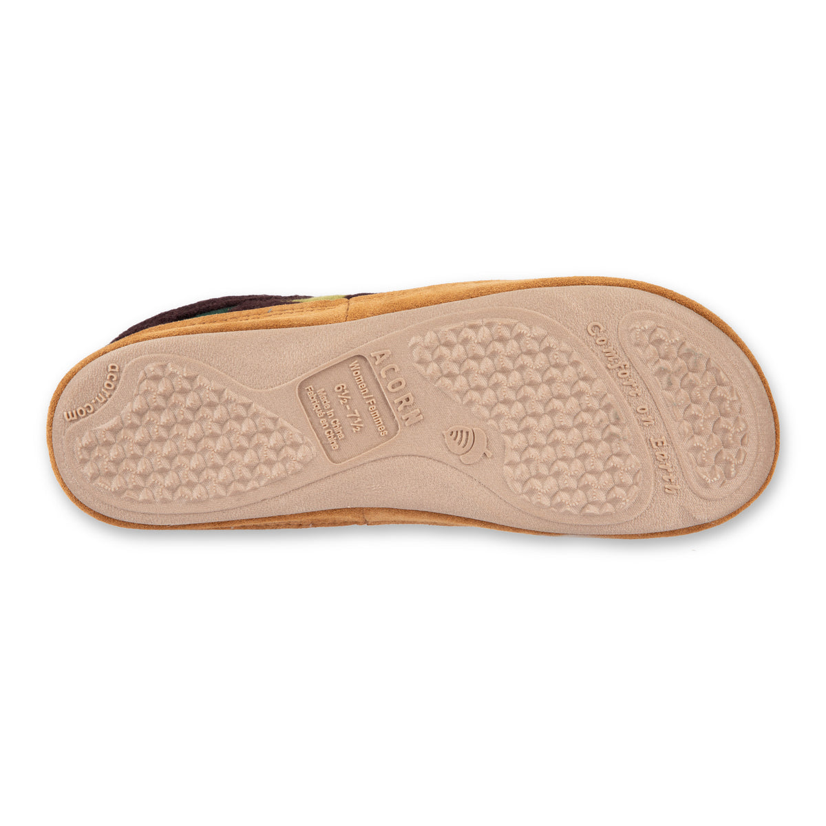 The outsole of a tan suede shoe shown from a top-down view on a white background, featuring a textured tread pattern and a central brand label.

