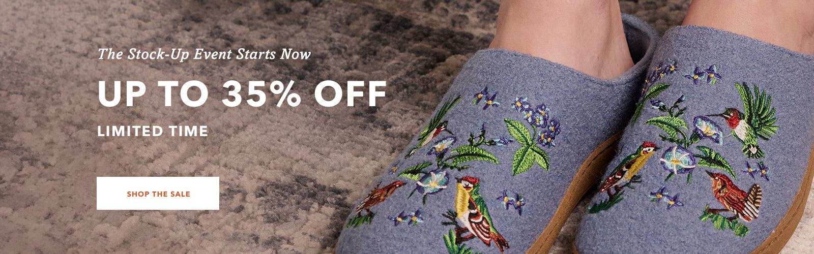 Embroidered slippers with floral and bird designs on a textured surface, promotional text overlay.