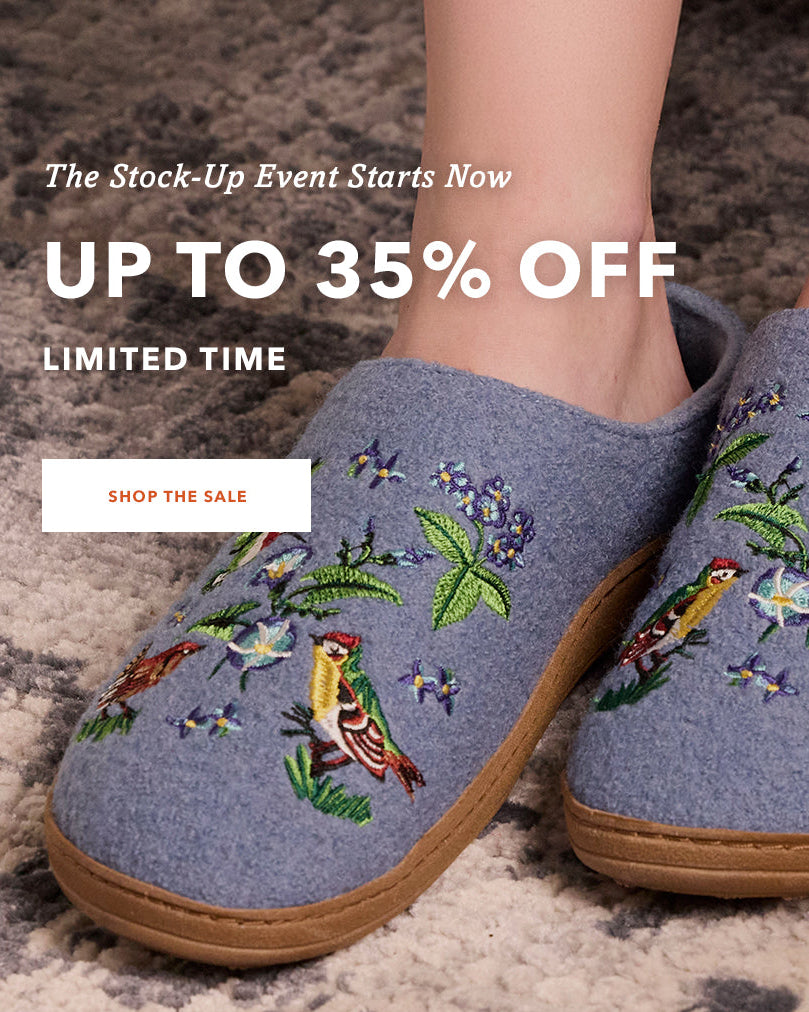 Blue slippers with bird and floral embroidery on a carpeted floor, featuring Acorn brand promotion.