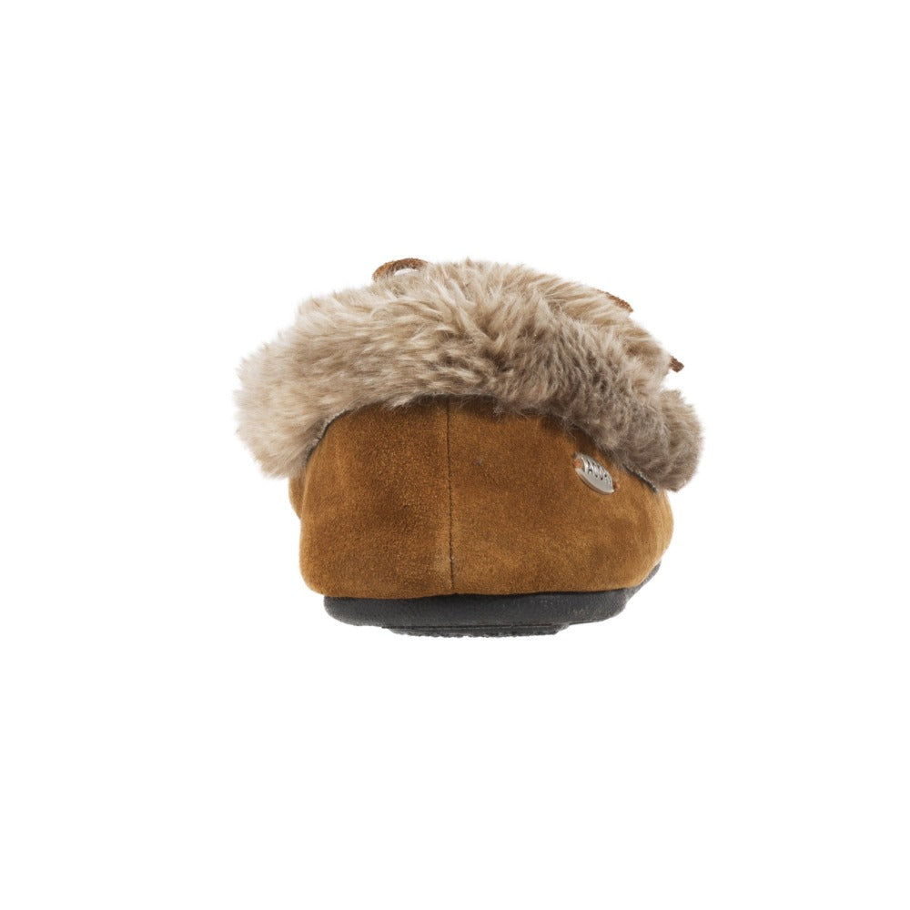 Acorn Faux Fur Moccasin Cognac Heel View