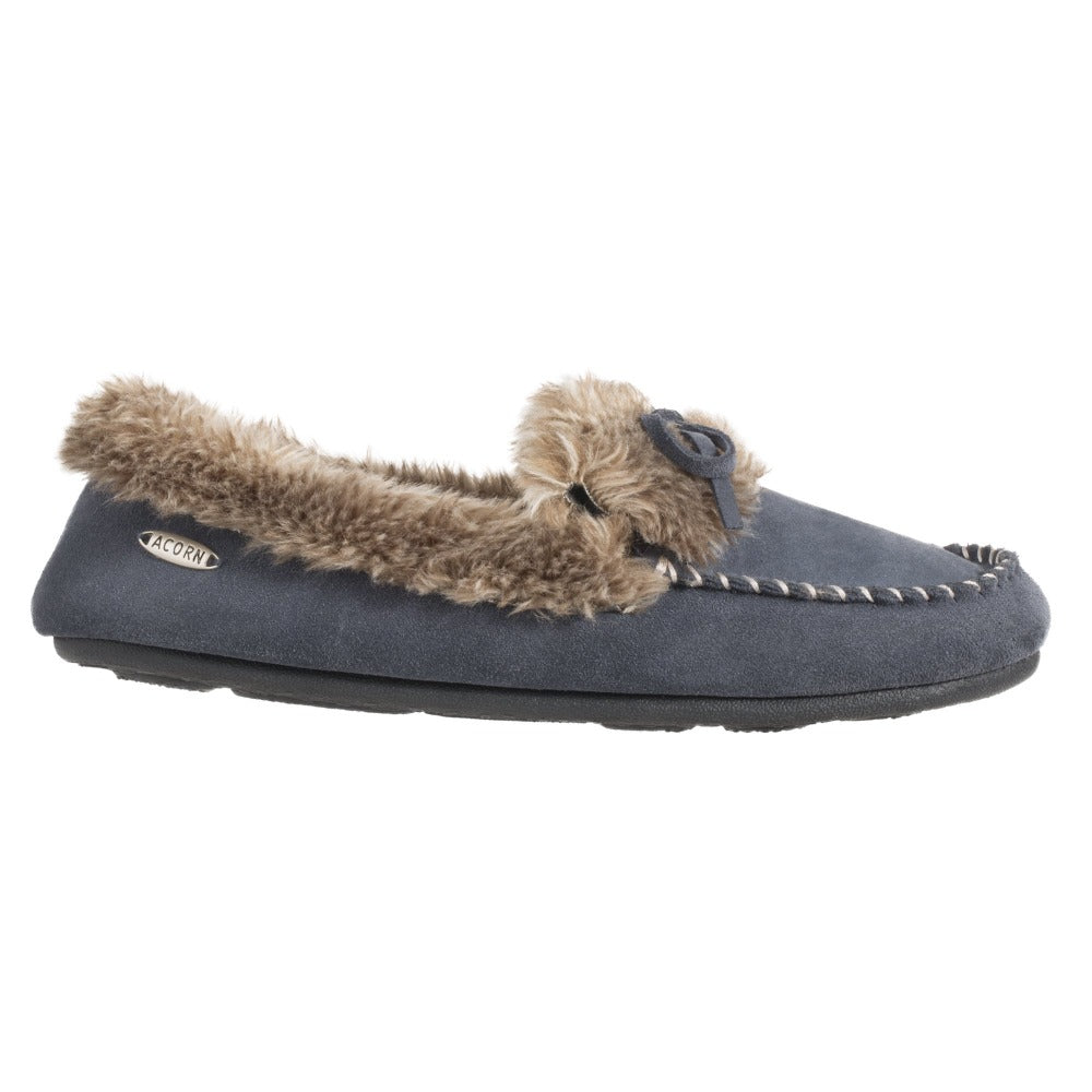 Acorn Fax Fur Moccasin Slipper Mineral Side Profile View