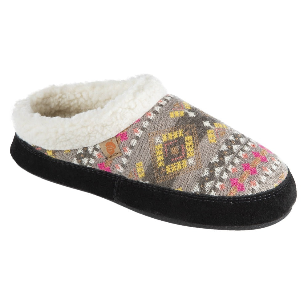 Women’s Fairisles Hoodback Slipper in Black Multi with hues of grey, yellow and pink Right Angled View
