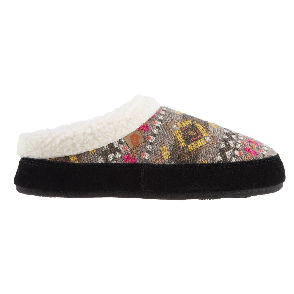 Women’s Fairisles Hoodback Slipper in Black Multi with hues of grey, yellow and pink Profile