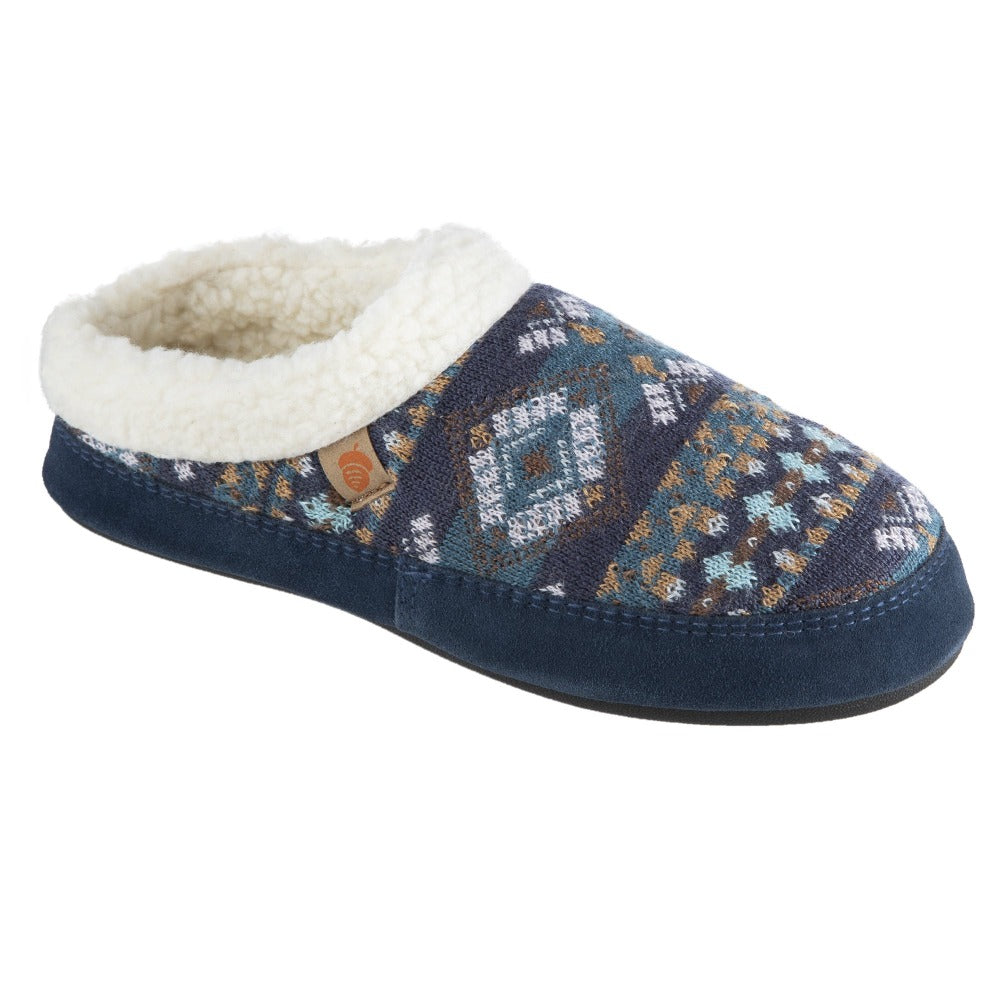 Women’s Fairisles Hoodback Slipper in Blue Multi with different hues of blue and tan Right Angled View