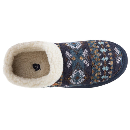 Women’s Fairisles Hoodback Slipper in Blue Multi with different hues of blue and tan Inside Top View