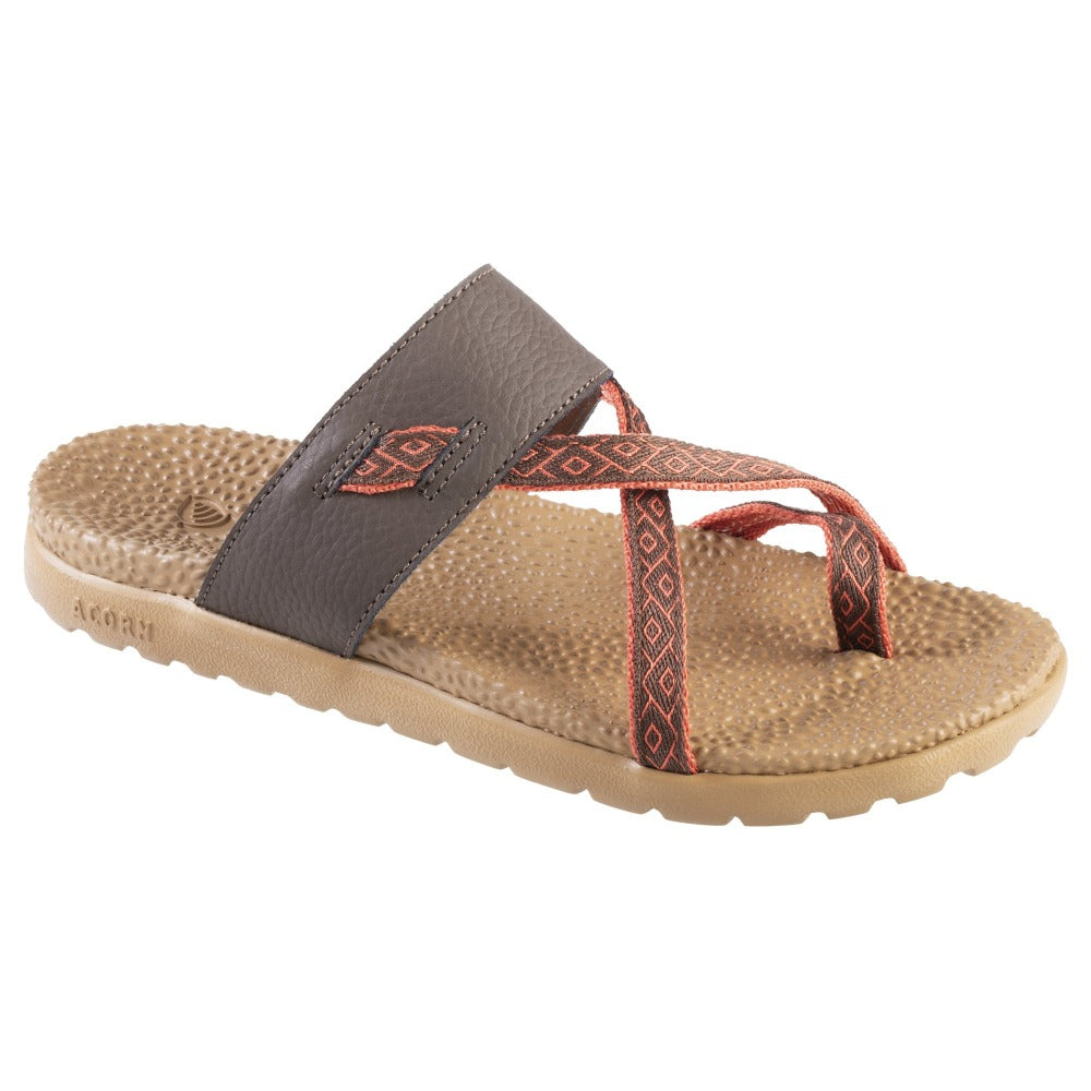 Acorn Riley Sandal in  Brown with orange straps  Angle View 